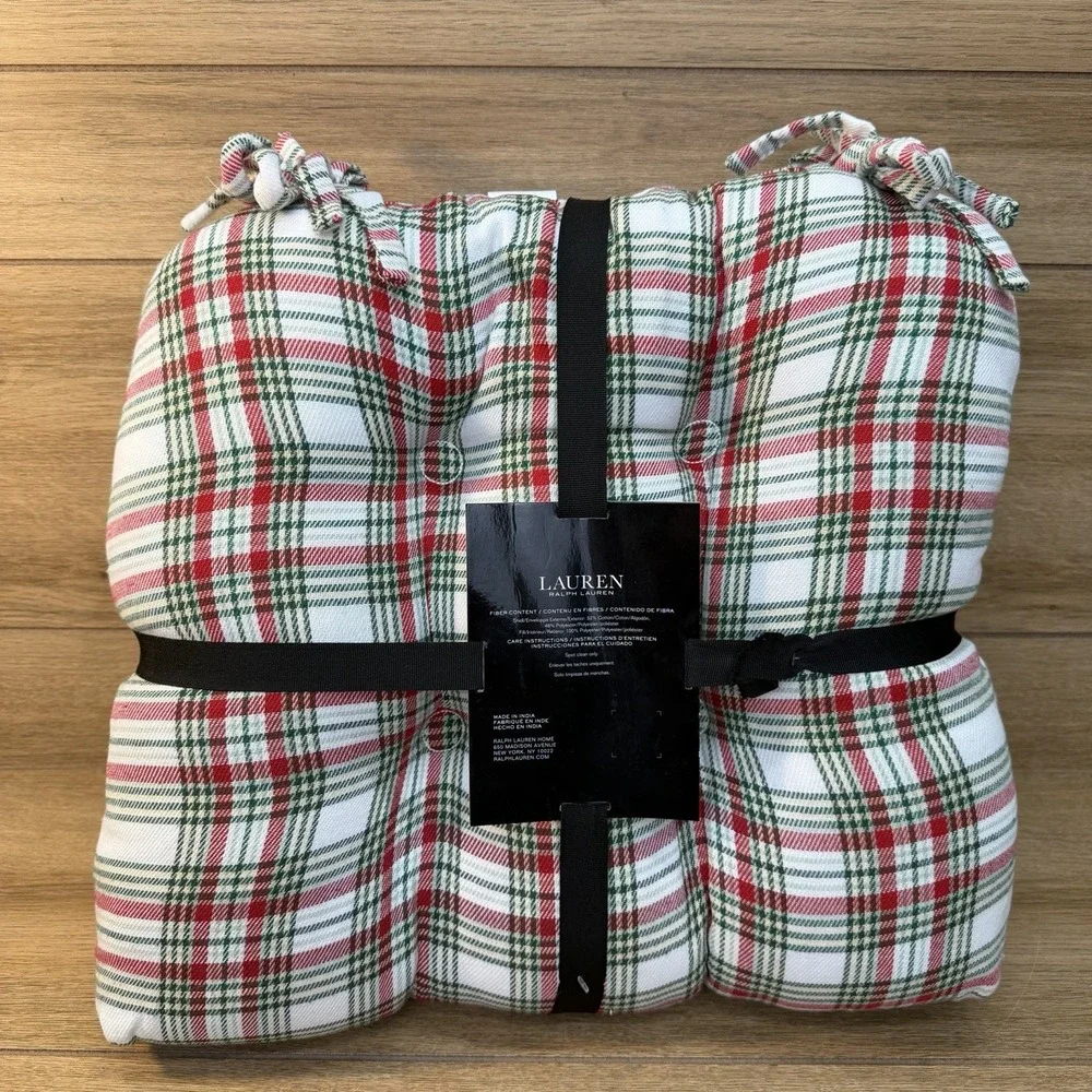 Ralph Lauren Tartan Plaid White Green Red Christmas Chair Pads/Cushions 2 Piece